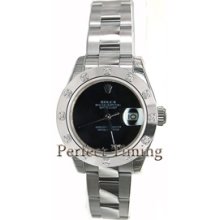 Rolex Datejust Ladies Stainless Steel New Heavy Style Oyster Band Model 179160 w/ Custom Added Onyx Stone Dial and Rolex White Gold Bezel