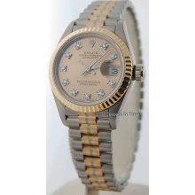 Rolex Ladies Tridor President 69179 E 18k White Rose & Yellow Gold Diamond Dial