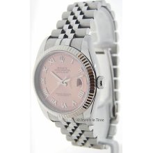 Rolex Mens Datejust 116234 D Steel & 18k White Gold Pink Roman Dial Papers &