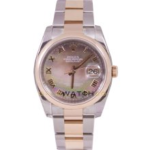 Rolex Mens New Style Heavy Band Stainless Steel & 18K Rose Gold Datejust Model 116201 Oyster Band Smooth Bezel & Factory Tahitian Mother Of Pearl Roman Dial
