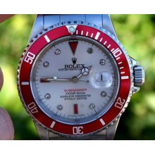 Rolex Mens Used Submariner 16610 Stainless Steel Red Diamond Ruby Silver Dial