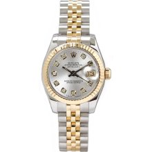 Rolex Women's Datejust Two Tone Fluted Custom Silver Diamond Dial