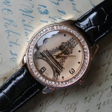 Rose Gold Eiffel Tower Quartz Wrist Watch with Black Faux Leather Band