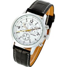 Round White Multi-dial Stainless Steel Black Embossed Leather Sport Style Watch
