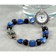 Sapphire Gemstone, Kyanite Gemstone, Silver Plate Watch Face, Sterling Silver Box Clasp