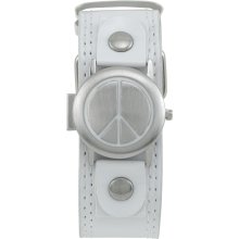 sears Ladies Peace Sign Watch w/Black Mother-of-Pearl Dial & White Patent Band
