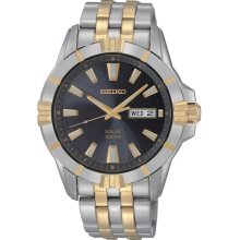 Seiko Mens Solar Stainless Watch - Two-tone Bracelet - Black Dial - SNE176