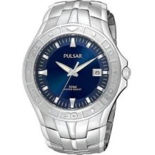 Seiko Pulsar $145 Mens Big Silver Stainless Steel Blue Dial Watch W/ Date Pxh635