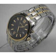 Seiko Ska472 Men's Kinetic Black Dial Date Round Two-tone Stainless Steel Watch