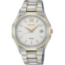 Seiko SNE156 Mens Two Tone Stainless Steel Quartz Solar White Dial Date Display