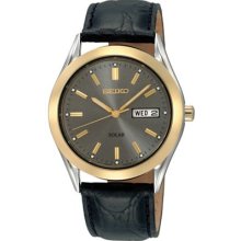 Seiko Solar Men's Two-tone Watch - Black Leather Strap - Gray Dial - SNE050