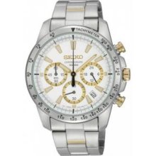 Seiko SSB029 Mens Stainless Steel Quartz Chronograph White Dial Tachymeter Bezel Gold Accents