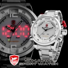 Shark 3d Big Case Led Digital Date Day Men Quartz White Dail Sport Wrist Watch