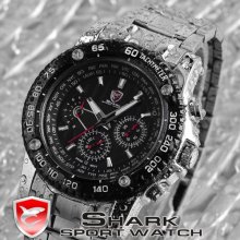 Shark 6 Hands 3 Dial Date Day Quartz Stainless Steel Men Sport Wrist Watch
