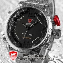 Shark Big Case Army Led Digital Date Day Alarm Men Quartz Wrist Watch