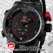 Shark Big Case Date Day Black Dail Red Men Quartz Sport Wrist Watch