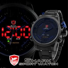 Shark Black Blue Mens Army Date Digital Led 3d Big Dial Sport Wrist Quartz Watch