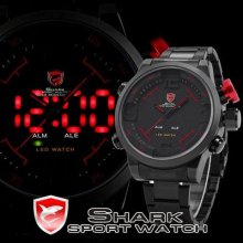 Shark Led Digital Date Day Alarm Red Men Quartz Black Dail Sport Wrist Watch