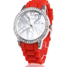 Silicone Band Classic Big Dial Fashion Quartz Women Men Casual Watch - Red