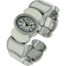 Silver & White Oval Face Metal Wide Cuff Bracelet Watch