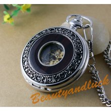 Silver Mechanical Solid Wood Men Pocket Watch Chain Vintage Style