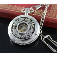 Silver- Steampunk Lace Style Skeleton Men Ladies Mechanical Pocket Watch