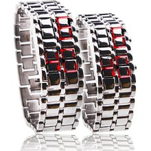 Silvery Metal Strip Digital Style Lava Iron Sport Couple Red LED Faceless Wrist Watch