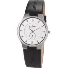 Skagen Denmark Mens Classic Slimline White Dial Stainless Steel Case Black Watch