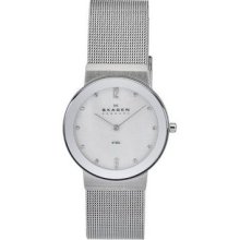 Skagen Denmark Mens White Mop Crystal Accented Dial Stainless Steel Mesh Watch