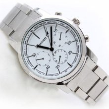 Sport Style Wilon Three Sub Dial Mens Silver Band White Face Fashion Wrist Watch