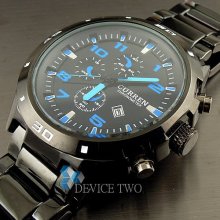 Sport Water Quartz Hours Date Hand Blue Dial Clock Men Steel Wrist Wa