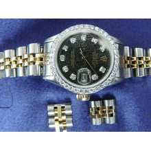 Stainless And Gold Ladies Rolex Watch 6916 Black Face With Diamonds Jubilee Band