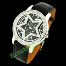 Star Ladies Rhinestone Wrist Watch + Leather Strap
