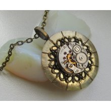 Steampunk Gothic necklace - with the smallest vintage watch movement, filigree setting and vintage watch face
