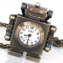 Steampunk - I Robot - Pocket Watch - Pendant- Necklace - Antique Brass