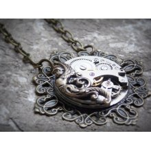 Steampunk Jewelry Clockworks Necklace Vintage Watch Movement Brass Art Deco Angel