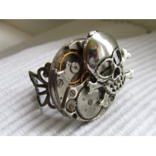 Steampunk Jewelry, Steampunk Gothic Skull Ring with vintage watch movement. Unisex Gift under 35 Dollars