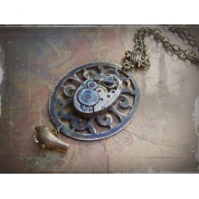 Steampunk Necklace Brass Bird Vintage Watch Movement Handmade Jewelry Clockworks Oval