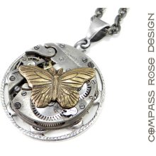 Steampunk Necklace - Victorian Clockwork Butterfly - Silver Watch Movement - Industrial Fashion