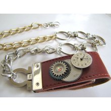 Steampunk No. GD4 Skeleton Key with Watch Face and Vintage Gears 4GB Flash Drive in leather case