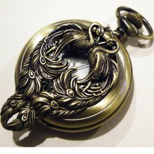 Steampunk Pocket Watch Peacock Victorian Style Gothic Necklace Golden Brass Bird