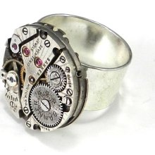 STEAMPUNK Ring Clockwork Cocktail Ring 17 Jewel Watch Movement Silver and Gold Watch Movement on Hammered Sterling Silver Plate Band