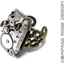 STEAMPUNK Ring Square Clockwork Watch Ruby 15 Jewel Movement Sphere Watch Co. Brass Adjustable Ring