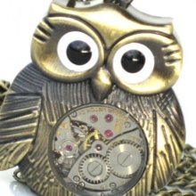 Steampunk - Time Flys Mrs Owl Pendant- Jeweled Watch Movement - Gears