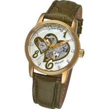 Stuhrling 349 1135d7 Lady Venus Victrix Auto Skeleton Mop Green Leather Watch