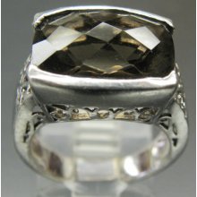 Stunning Faceted Smokey Quarts Crystal Ornate Setting Sterling Silver Vintage Ring