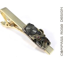 Tie Bar - Mens Gift - Mechanical Antique Watch Movement Tie Clip - Gold Tone Tie Bar