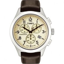 Timex Mens T Series Chronograph Cream Indiglo Dial Brown Leather Watch T2m468
