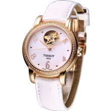 Tissot Lady Heart Automatic Mechanical Diamonds Watch Gold White Leather Strap