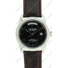 Tudor Glamour Day Date 5600 J Serial Automatic Burgundy Leather Strap Watch